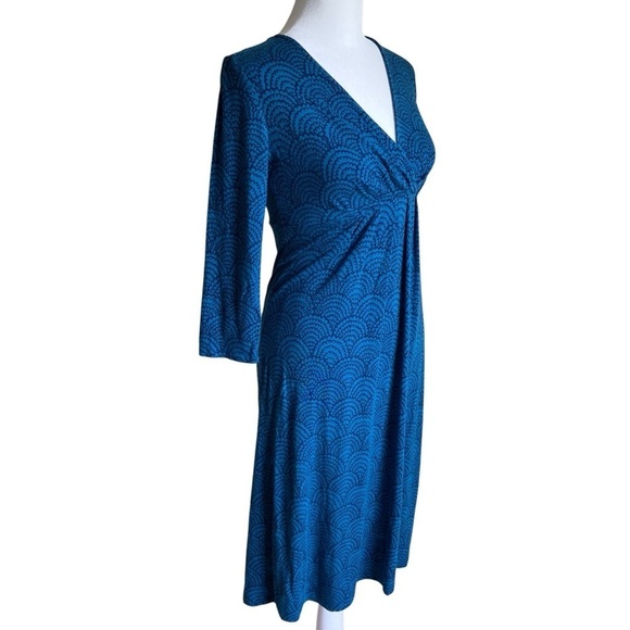 Boden Jersey Stretch Faux Wrap Blue Scallop Midi Dress Fit & Flare Empire Waist - Picture 7 of 16